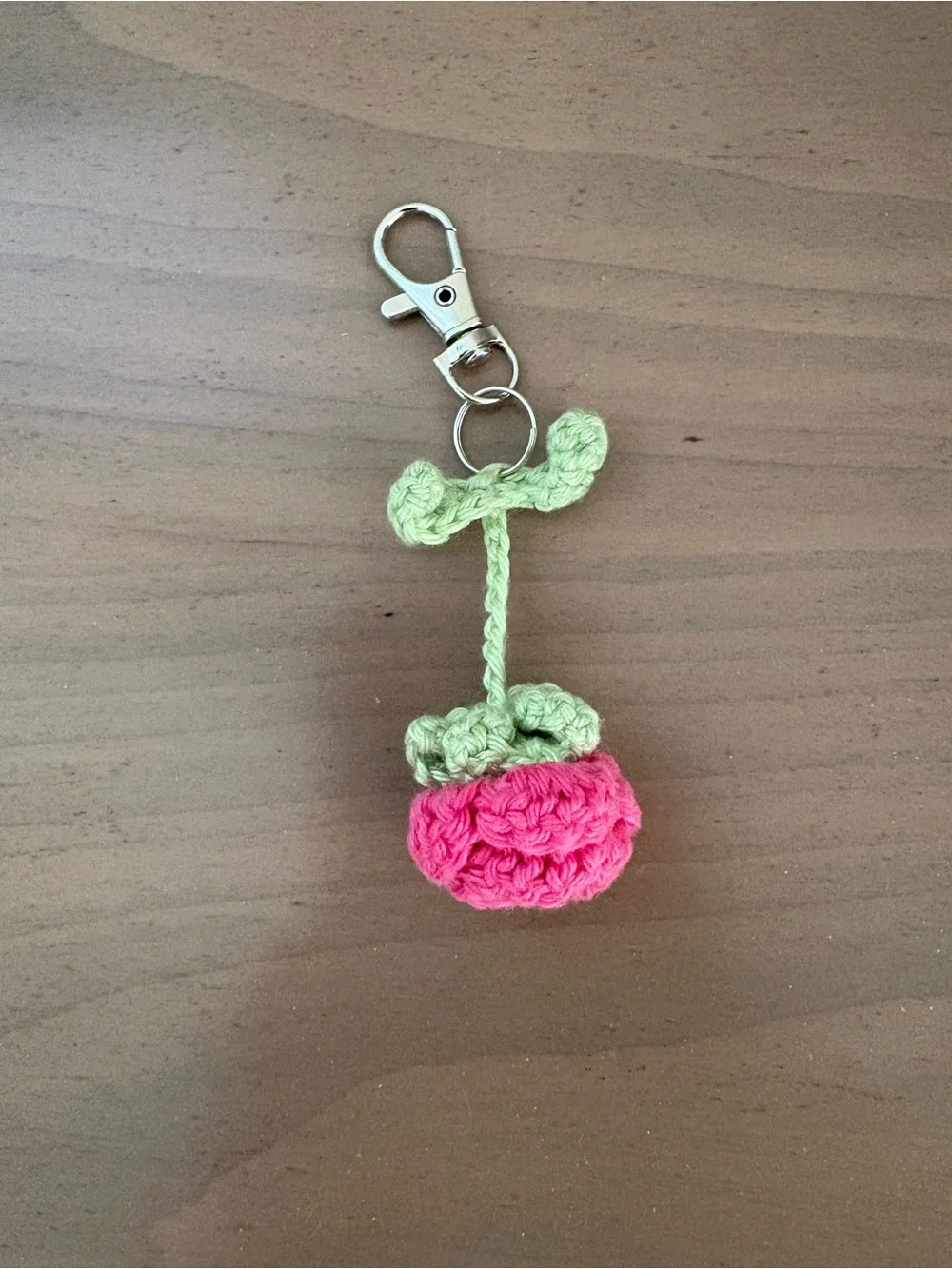Handmade Pink Crochet Rose Keychain with Green Stem